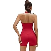 SUUKSESS Women 2 Piece Workout Sets Halter Neck Padded Yoga Tank Tops High Waisted Biker Shorts with Pockets
