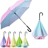 RUMBRELLA Reverse Umbrella Auto Close Windproof Car Umbrella Inverted with J Hook Handle for Women Girls, Pink Blue