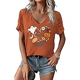 Womens Fall Halloween Thanksgiving V Neck Shirt Vintage Short Sleeve Western Shirts Cut Out Cold Shoulder T Shirts