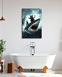 Black Cat Wall Art Cat Riding Shark Poster Funny