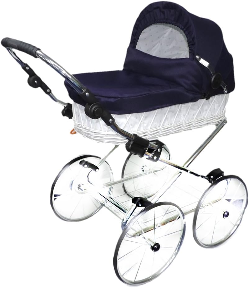 Eichhorn Korb Puppenwagen Retroklassiker (Korb Weiss, Stoff Marineblau)