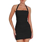 Nsbonu Women's Sexy Bodycon Ruched Halter Mini Dresses Sleeveless Backless Club Party Short Dress