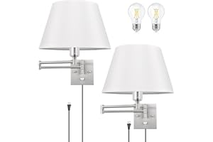TRLIFE Dimmable Wall Sconce Plug in, Brushed Nickel Wall Sconces Set of Two Swing Arm Wall Lights with Plug in Cord and On/Off Dimmer Rotary Switch, 11.8" Large White Fabric Shade(2 Pack, 2 Bulbs)