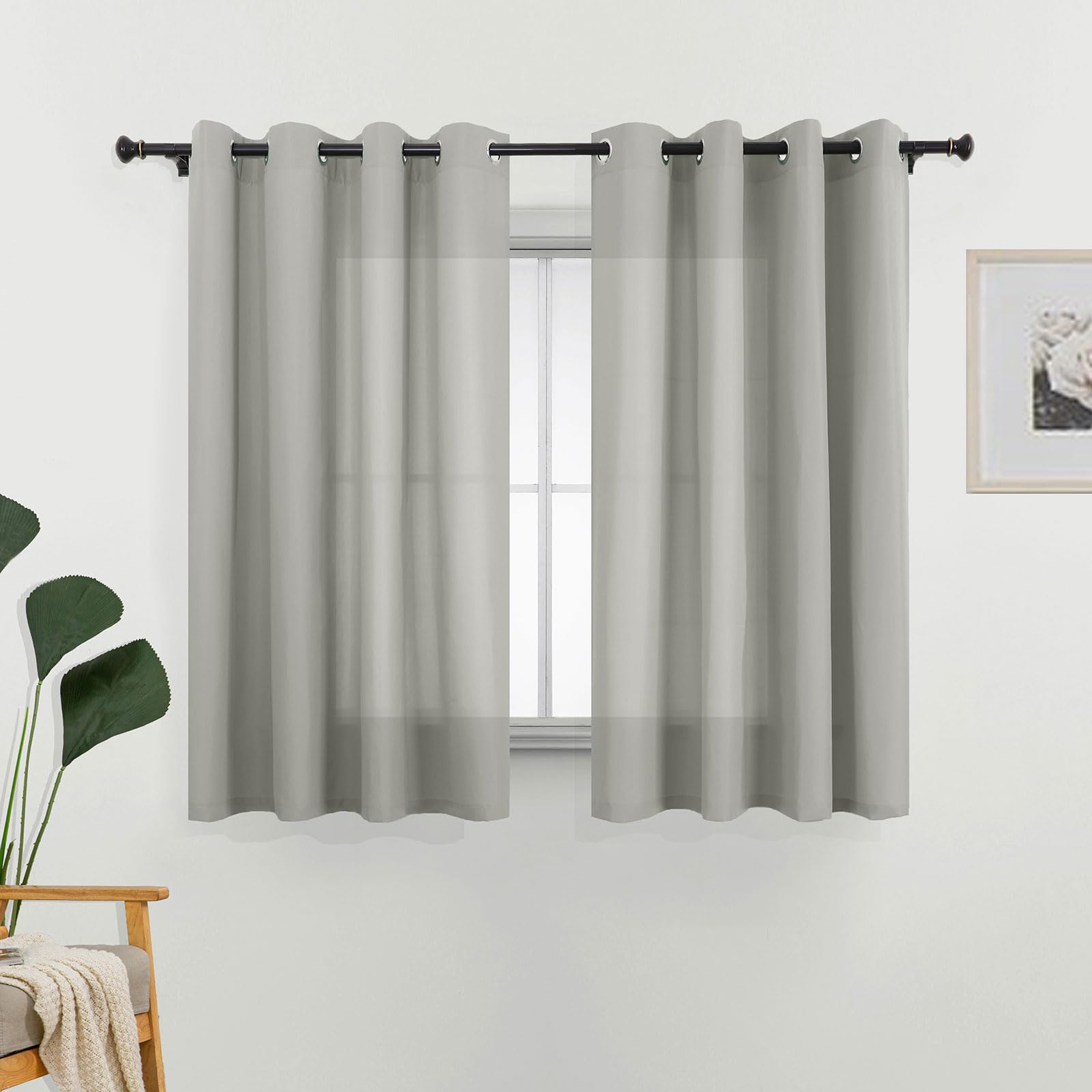 L.Z.E Non-See-Through Curtains Grey, Short Cotton-Look Light Filtering Privacy Curtains for Living Room Bedroom Bay Windows, 69 Inch Drop 175cm Long Curtain, 2 Panels Set, Eyelet Top, Thin