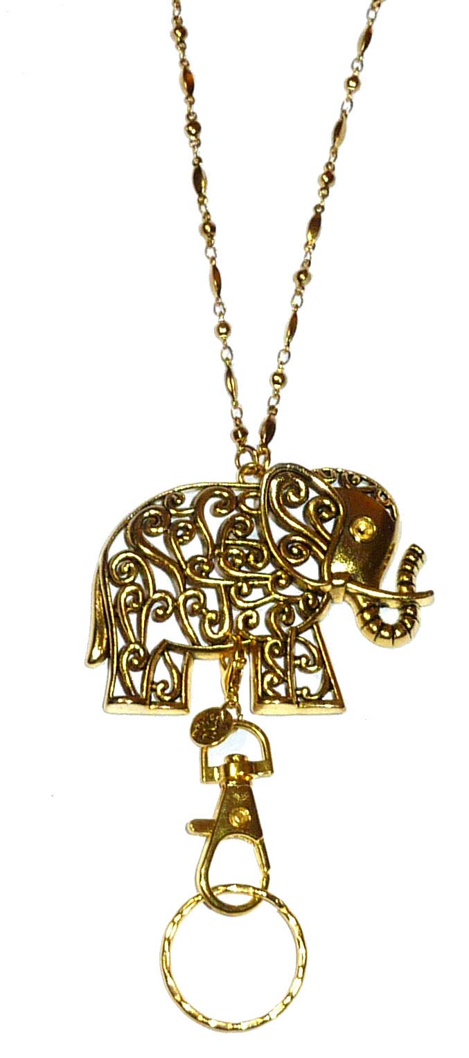 Hidden Hollow Beads Trendy Made in USA, Women's Fashion Lanyard ID Badge Holder, 34" Long, Holds Keys and Badge (Elephant Gold)