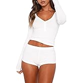REVETRO Fall Womens 2 Piece Pajama Sets Sexy PJ Shorts Y2k V Neck Long Sleeve Lounge Set Sleepwear with Button Down