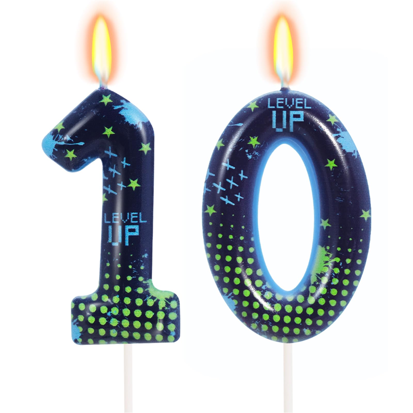 Photo 1 of STG Birthday Candles for Boys - Number 10 Candle for Video Game Birthday Cake Topper, Fort Battle Level Up Sandbox Games 10th Birthday Party Supplies