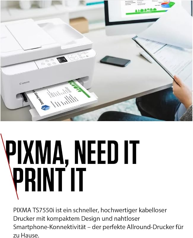 PIXMA TS7550I - WLAN-Multifunktionsdrucker mit ADF, Papierkassette und Frontbedienung | Kabelloses Drucken vom Smartphone leicht gemacht - Enthält MP-101 A4-Fotopapier, 5 Blatt