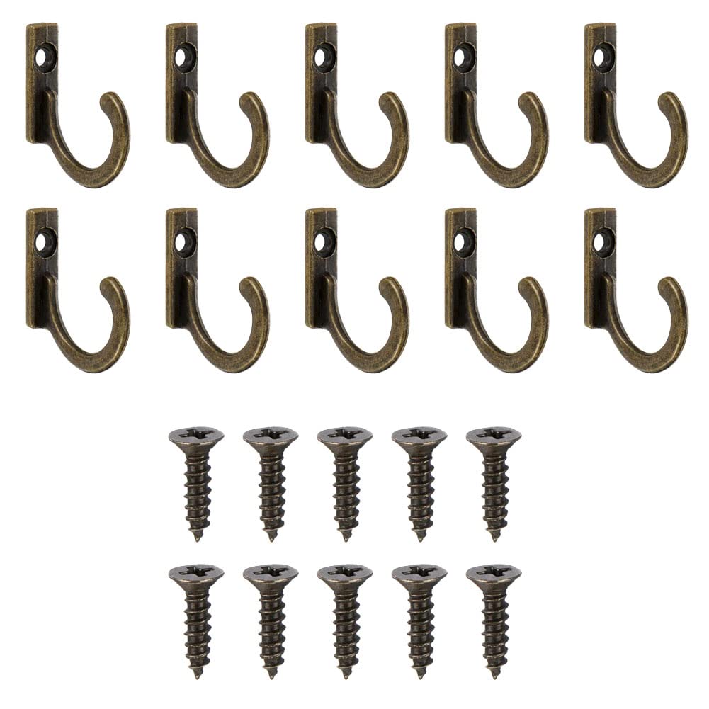 10 Pieces Zinc Alloy Antique Wall Mounted Delicate Small Hooks with Screws for Home Hanging Keys, Towel, Hat, Coat, Kitchen Supplies etc (Bronze)