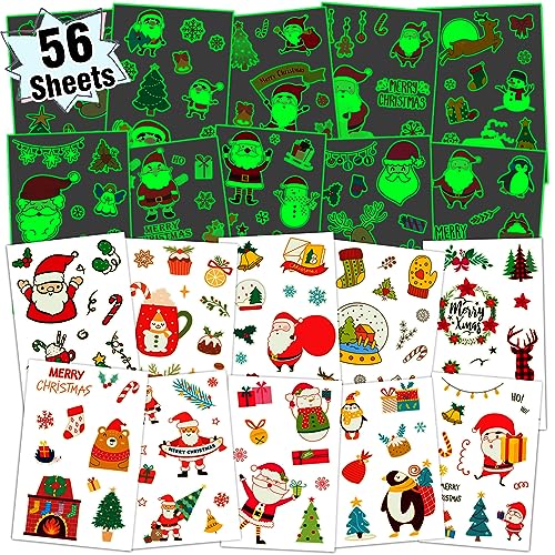 Partywind 56 Sheets (535 Glow Styles) Christmas Temporary Tattoos Party Decorations, Luminous Christmas Holiday Party Supplies for Kids Stocking Stuffers, Tattoo Stickers for Xmas