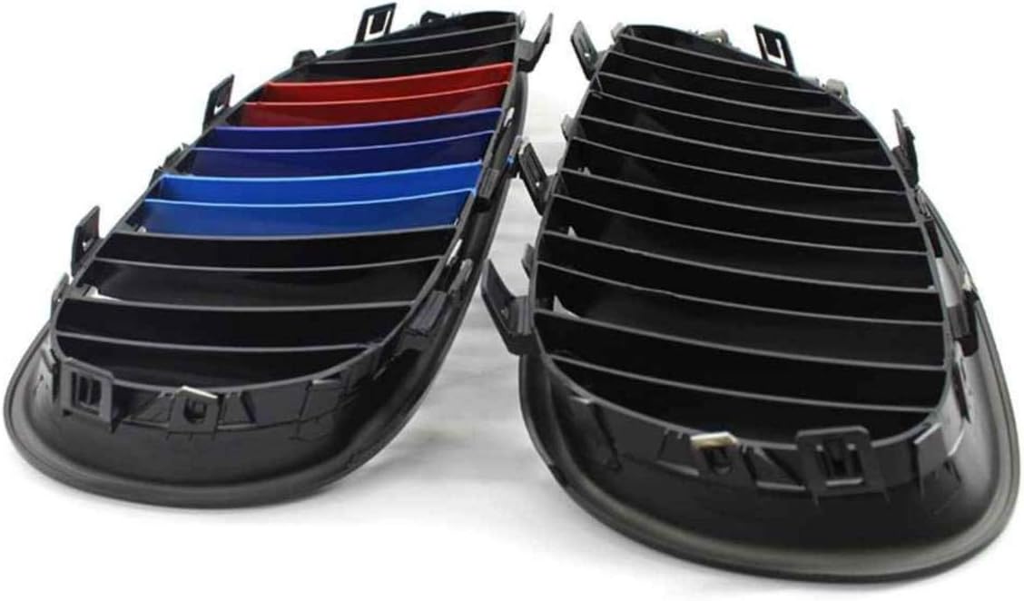 Riseking 2pcs for 2003-2009 BMW E60 E61 5-Series Sedan Wagon 525 528 530 535 540 545 550 M5 Glossy Black M-Tri Color Dual Fin Slat Kidney Grille Front Bumper Hood ABS Plastic Grille RK09-D-GBM