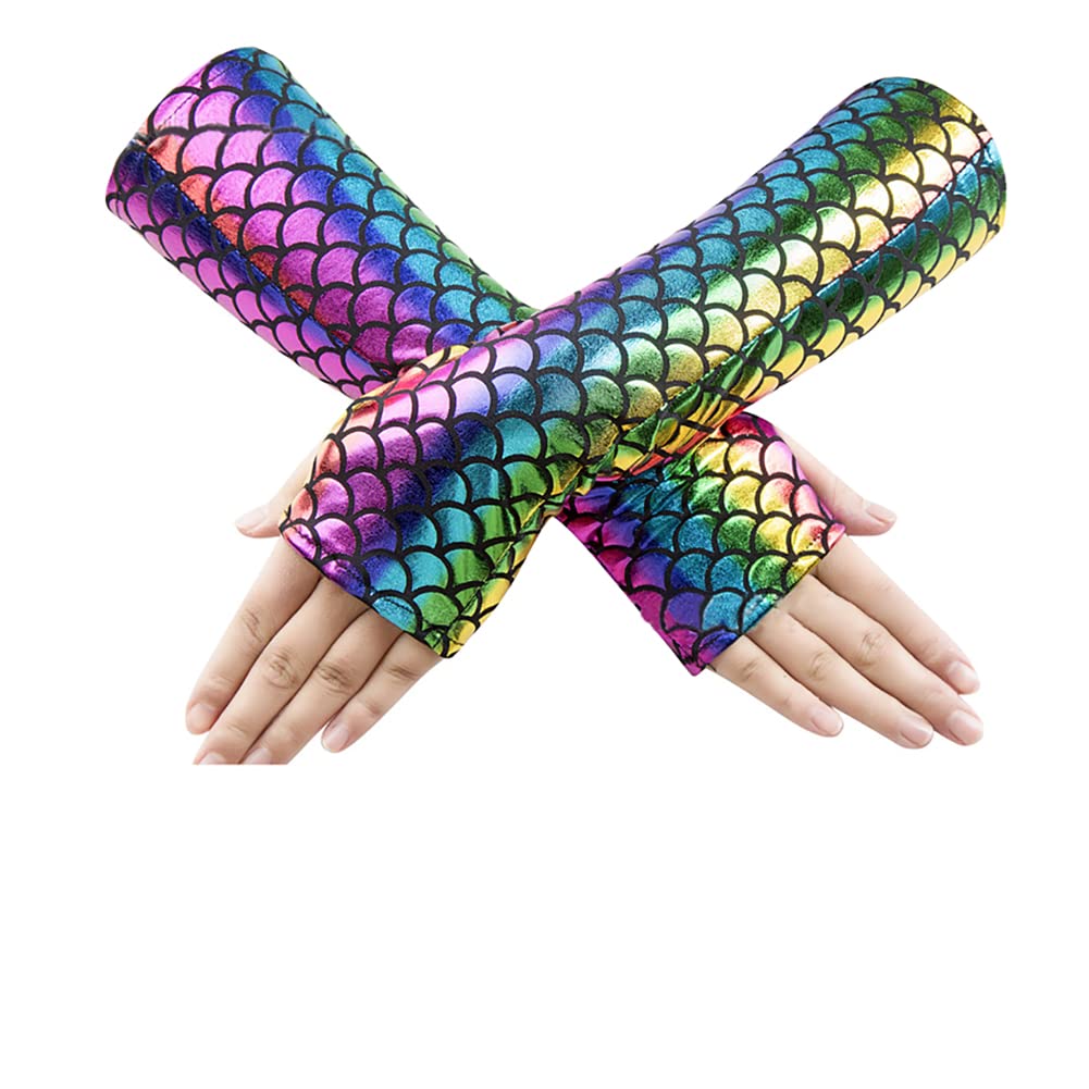 JIHUOO Shiny Mermaid Scale Gloves Fish Scale Arm Sleeves Rave Party Gloves Hologram Fingerless Gloves Halloween Cosplay Costume Accessories Iridescent — image 1