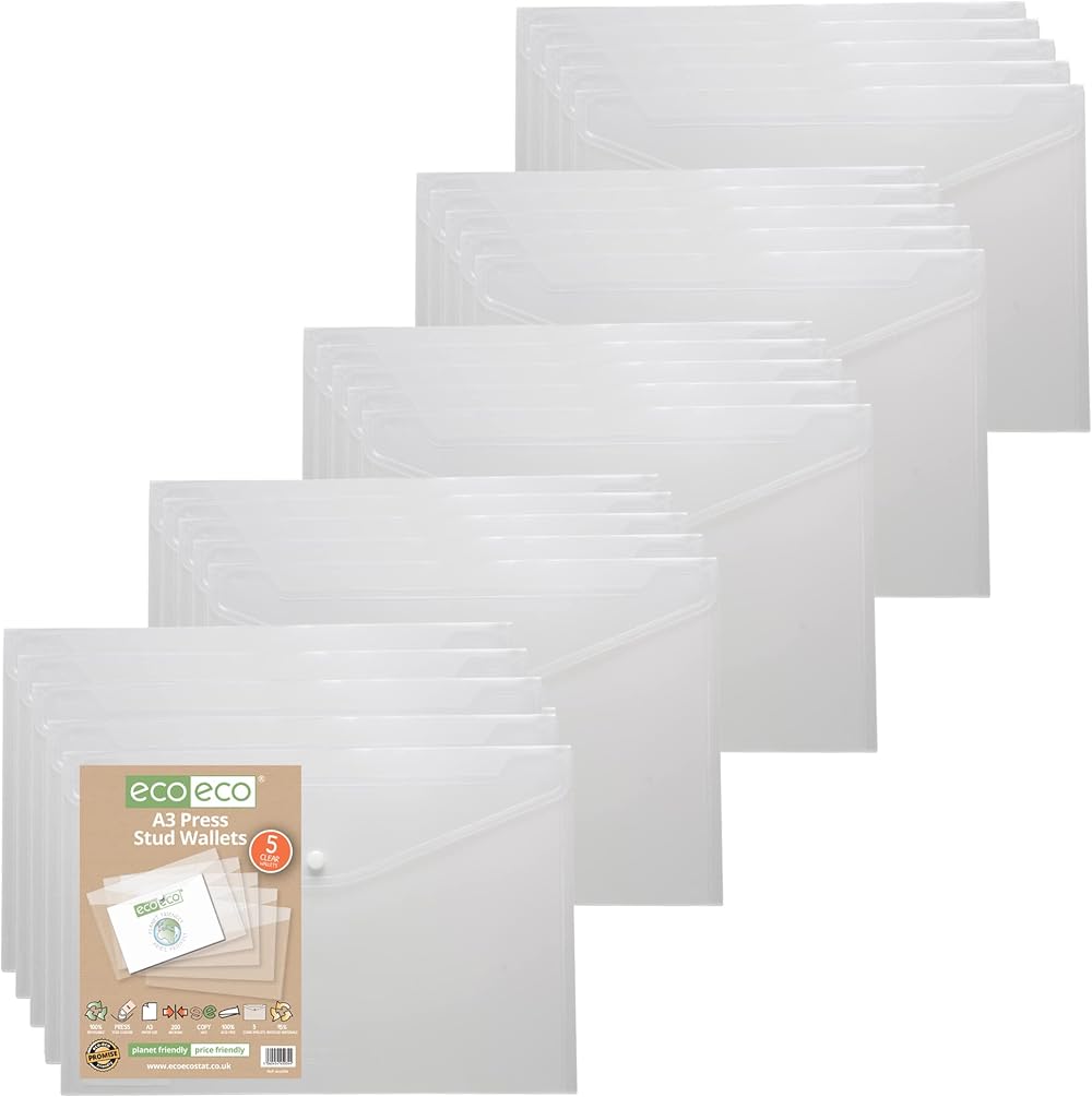 eco-eco A3 50% Recycled Clear Wallets Pack 25 Press Stud Folders