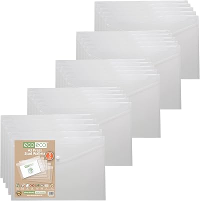eco-eco A3 50% Recycled Clear Wallets Pack 25 Press Stud Folders
