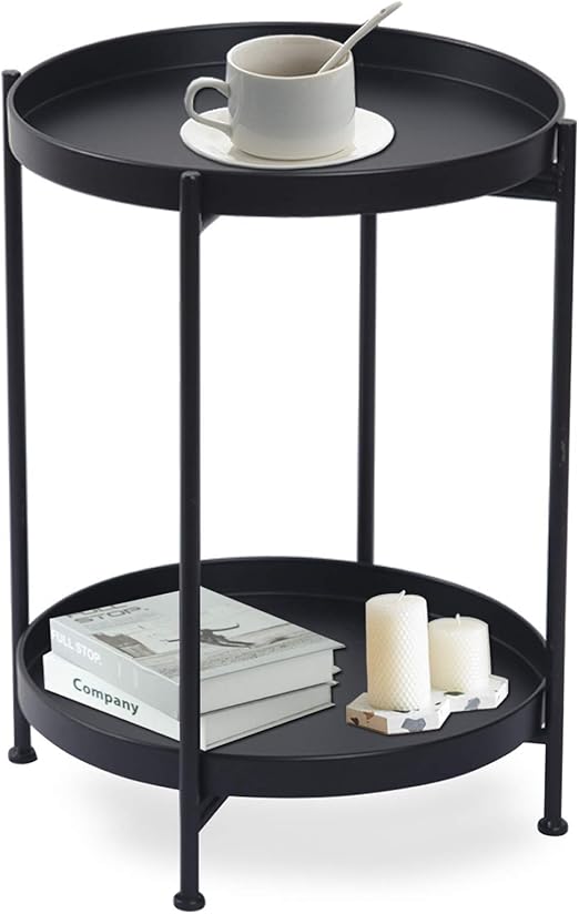 Mesa auxiliar de metal negro de 2 niveles redonda de color dorado