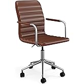 Martha Stewart Taytum Swivel Task Chair with Armrests for Home Office in Saddle Brown Faux Leather with Polished Nickel Frame