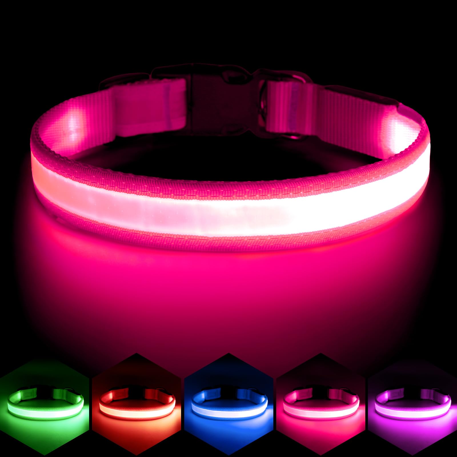 View 1 of ***ONLY LIGHTS UP HALFWAY*** Vizpet LED Dog Collar, Light Up Dog Collar Adjustable USB Rechargeable Super Bright Safety Light Glowing Collars for Dogs (Large, Pink)