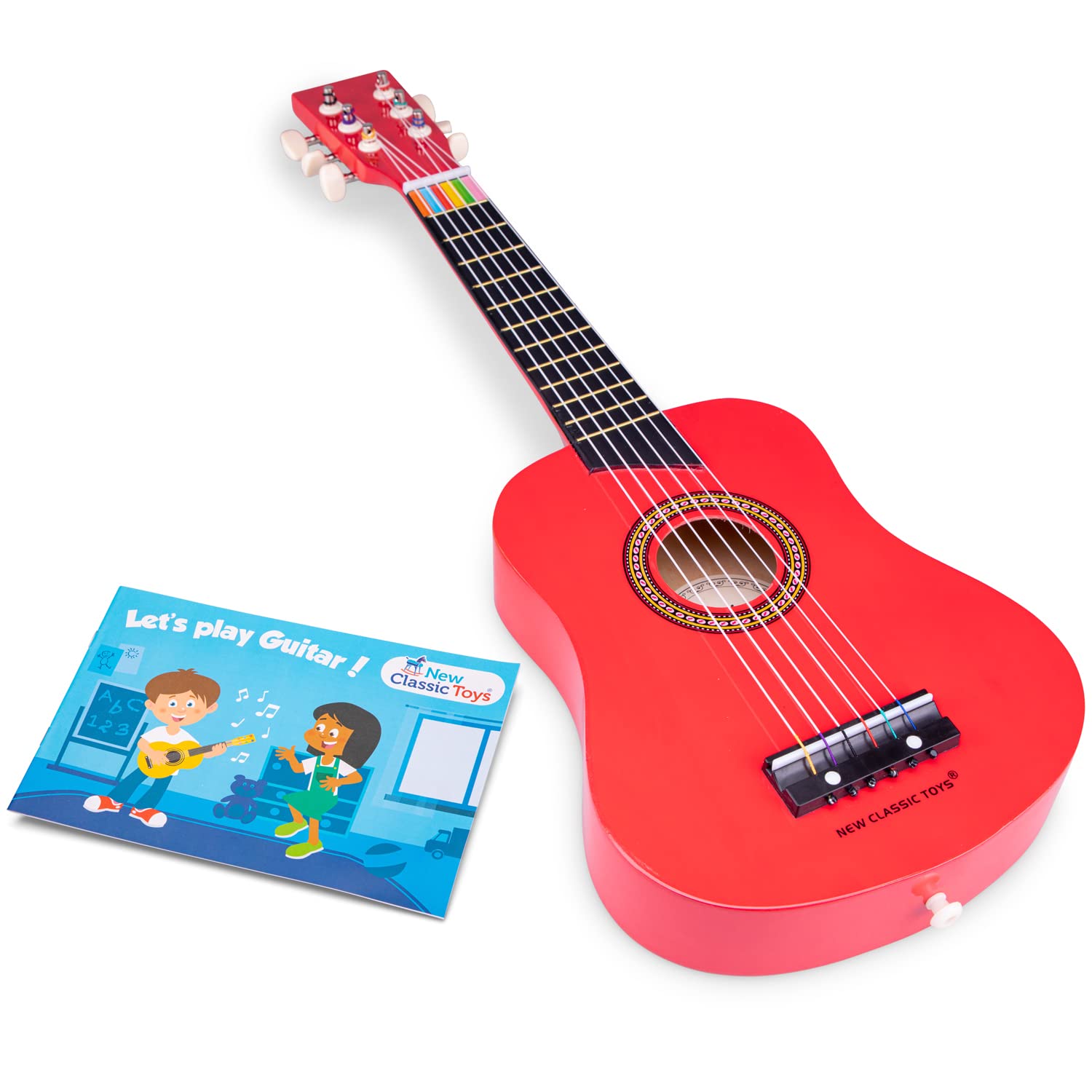 New Classic Toys Wooden toy guitar deluxe - red - including music book and shoulder strap
