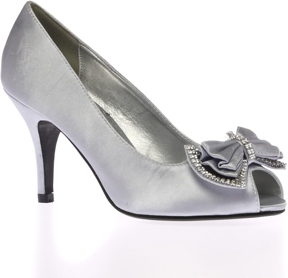 Amazon.com | My1stwish Women's Diamante Embellished Bow Mid Heel Shoes Size 10 Silver | Pumps