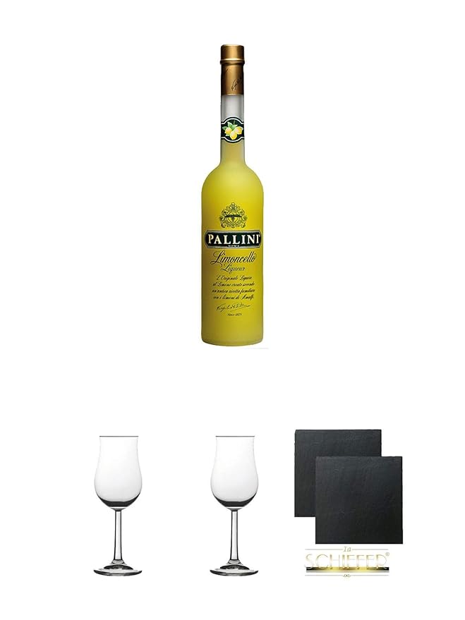 Pallini Limoncello aus Italien 0,5 Liter + 2 Bugatti Nosing Gläser mit Eichstrich 2cl und 4cl + 2 Schiefer Glasuntersetzer ec