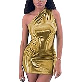 Cslbiuni Women’s Metallic Sexy One Shoulder Short Dress Sleeveless Bodycon Club Mini Dresses