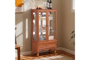 Eyisean Glass Display Cabinet, 52" H Curio Cabinet with Adjustable Shelves and Mirrored Back Panel, Wooden China Cabinet with Light Bulb, Rack for Living Room Storage (Dark Oak)