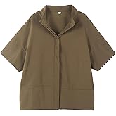 Ainangua Women Casual Button Down Shirts Oversized Short Sleeve Stand Collar Tops Trendy Work Blouses Summer Travel Outfits Army-Green