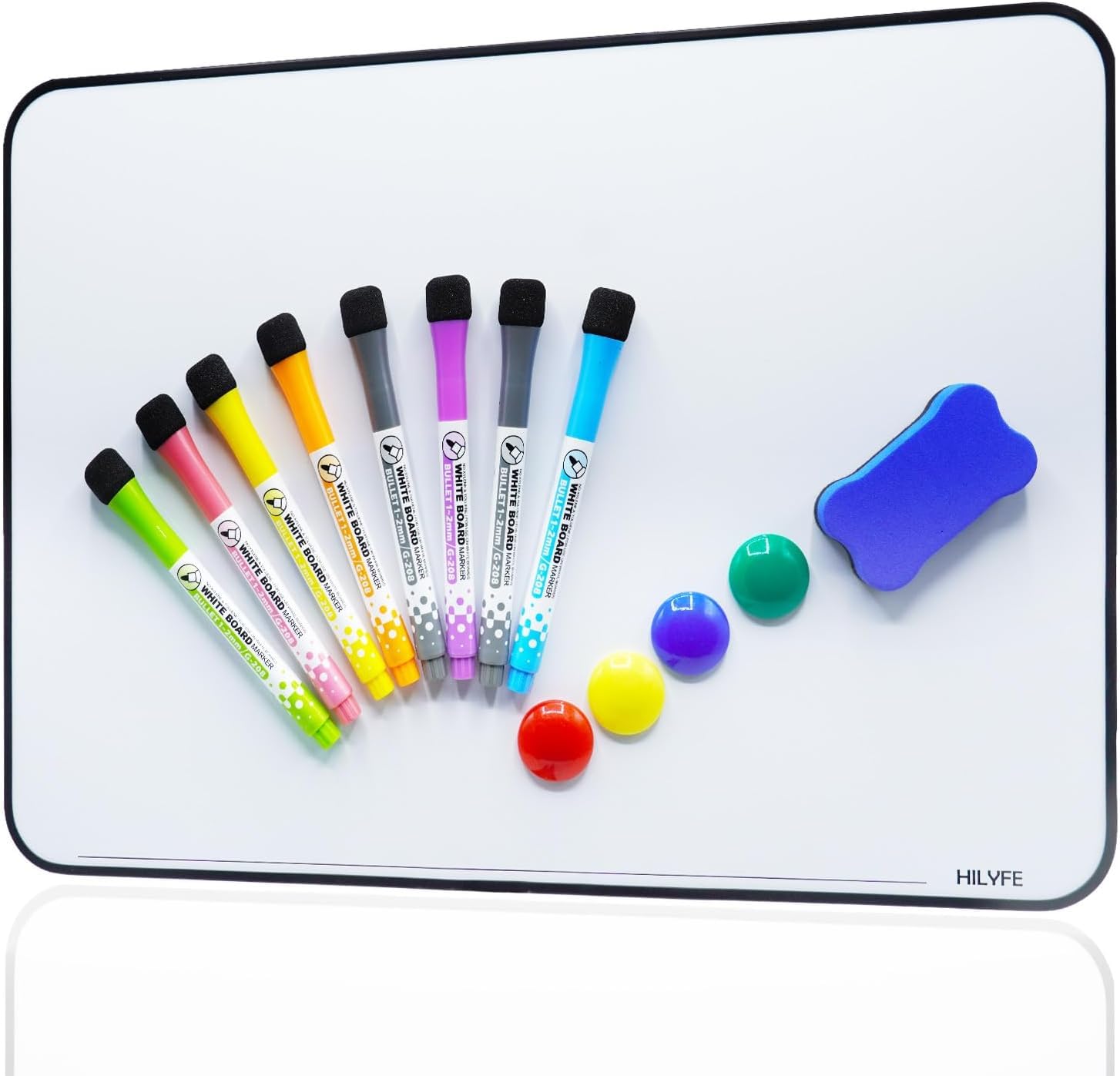 Double-Sided Dry Erase Whiteboard A4 by HILYFE -30 x 21 cm - Portable Lapboard - 8X Fine Tip Markers, Eraser & 4X Magnets - Ideal for Kids, Students, School, Home, Office