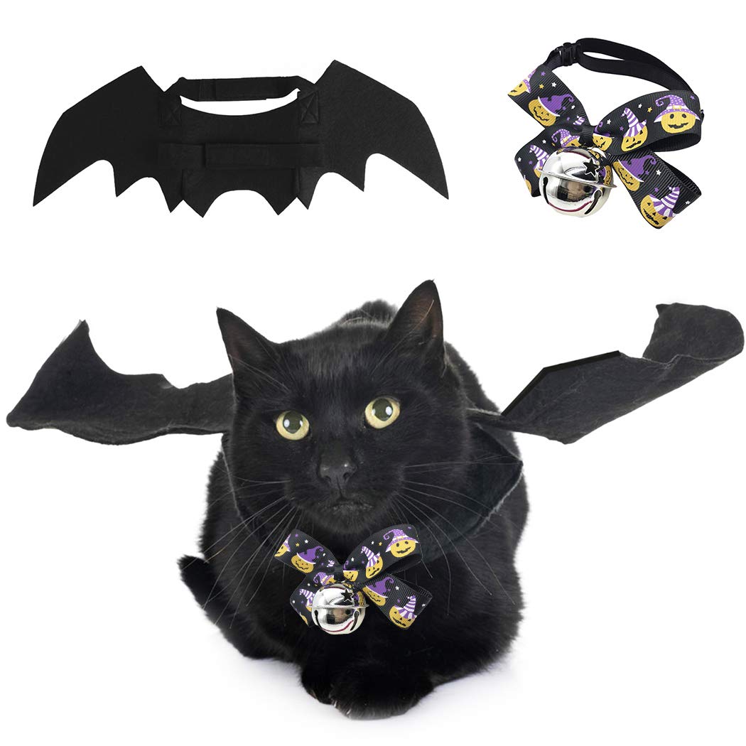 Fansport Pet Bat Wings Costume for Halloween, Cat Dog Bat Costume Puppy Collar Leads Cosplay Bat Costume with Pet Bowtie for Halloween Party