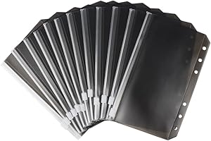 AXEWOODZ A6 Binder Pockets Black Zipper Pouches Translucent PVC Cash Budget Envelopes 12pcs 6 Hole Document Folders for A6 Binder, Cash Organizer Folder (A6)