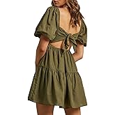 OWNGIGI Women's Summer Dress Square Neck Puffy Short Sleeve Loose Tie Back Casual A-Line Mini Dresses