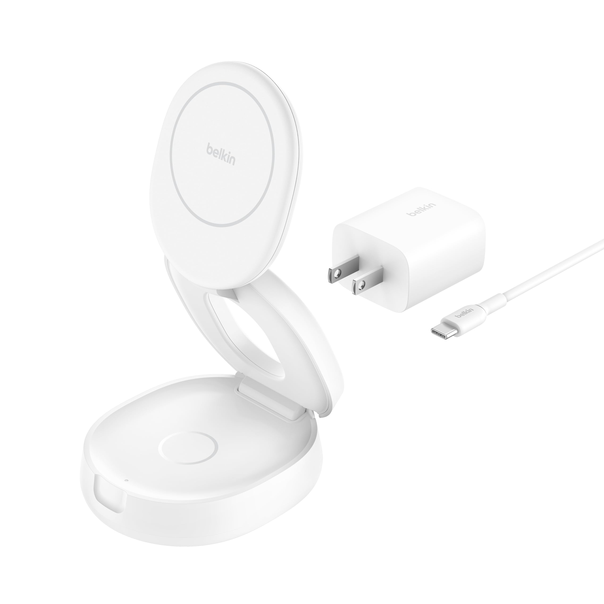 Belkin 2 in 1 ワイヤレス MagSafe対応 iPhone17,16~12/Qi2対応スマートフォン(最大15W) AirPods/ワイヤレス イヤホン iPhoneスタンバイモード対応 折り畳み式スタンド USB-Cケーブル付属(1.5m) 30W AC電源アダプター付属 ホワ