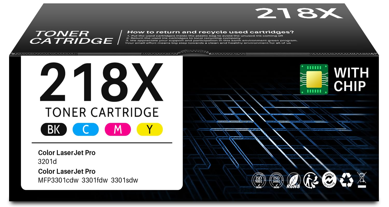 Photo 1 of 218X Toner Cartridges 4 Pack (with Chip) Compatible Replacement for HP 218 218X W2180X 218A W2180A hp218x Toner for HP Color Laserjet Pro MFP 3301sdw Toner 3201dw 3301fdw 3301cdw 3301 Toner (B/C/M/Y)