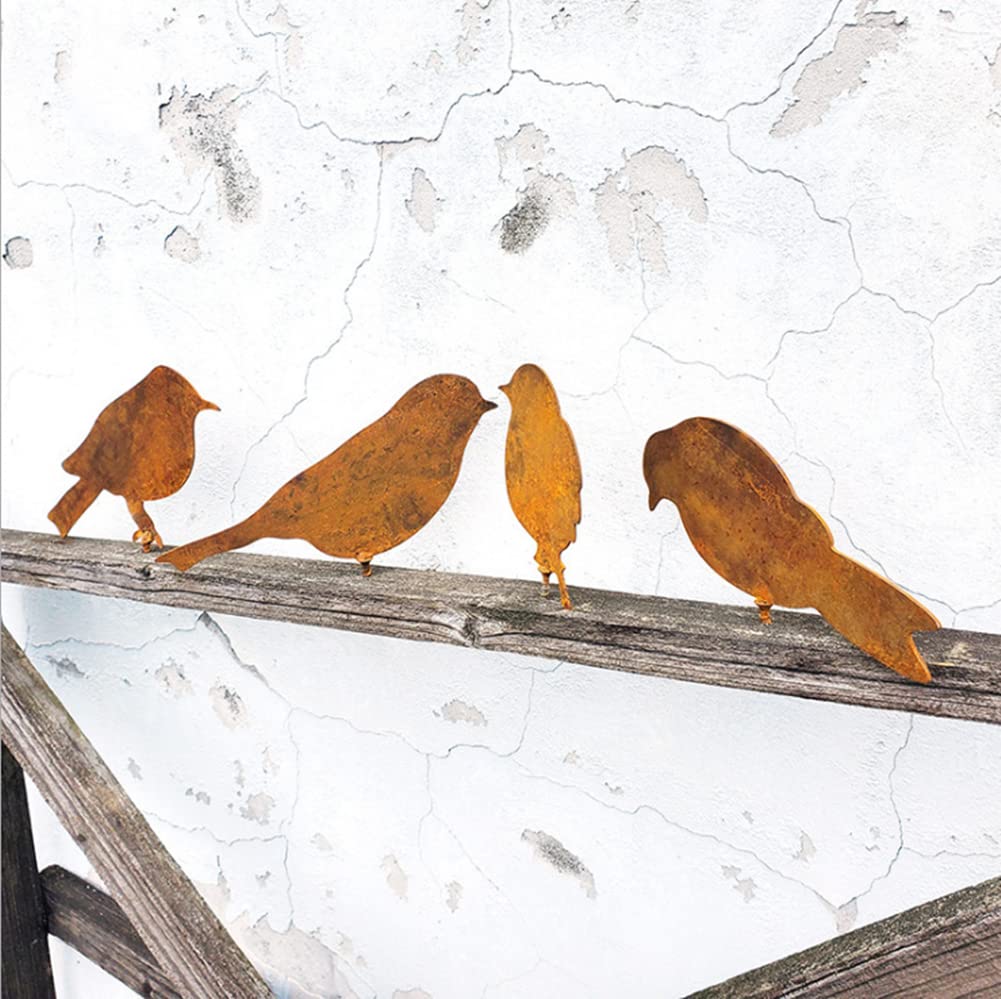 Lin's Wood 4 Pieces Rusty Birds Decoration, Metal Rusty Bird Garden Ornaments, Hummingbird, Crow, Dove, Tit, Rustic Outdoor Garden Fence Decor