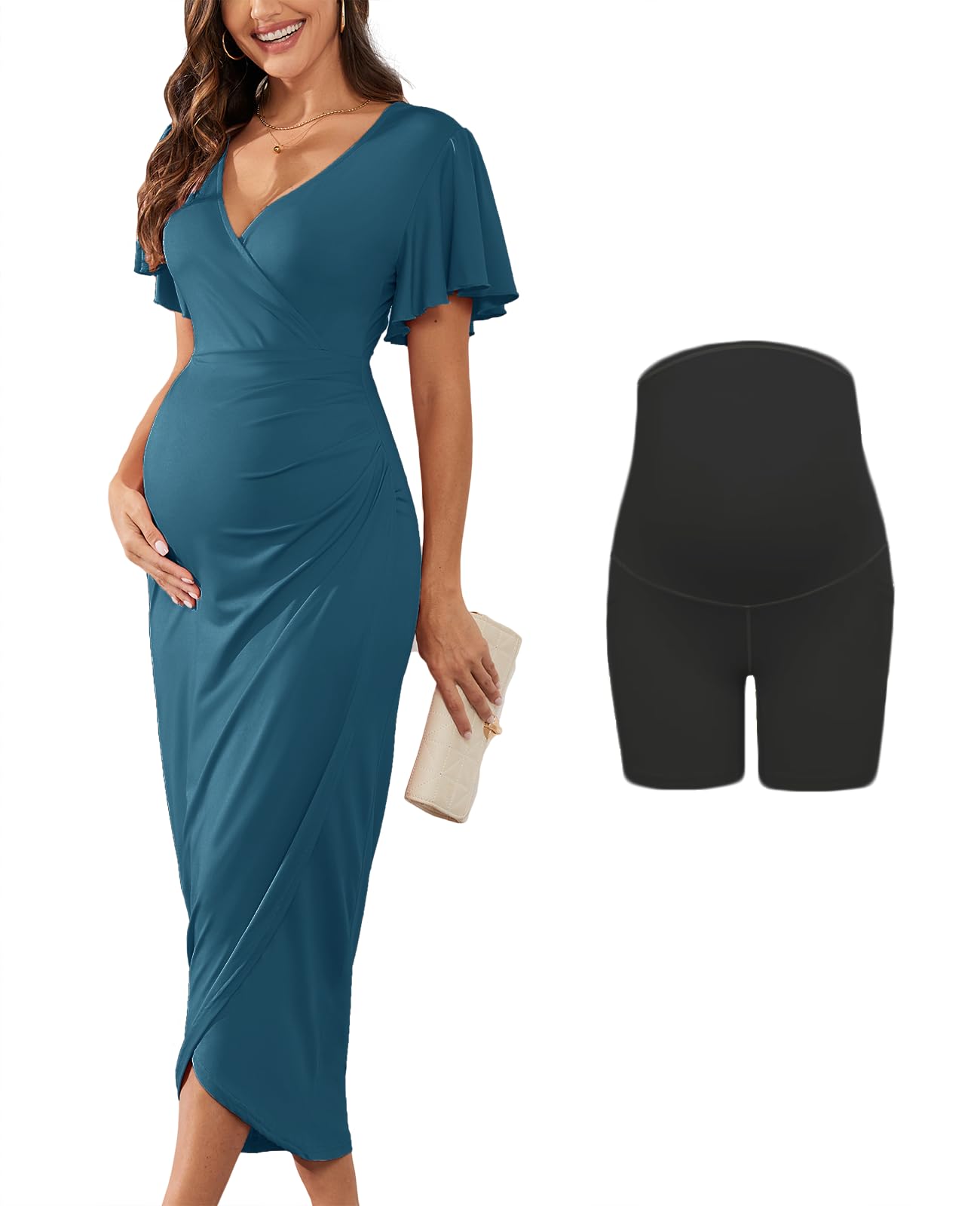 Photo 1 of AISWI 2025 Women's Maternity Wrap Nursing Dress V Neck Ruffle Sleeves Semi Formal Baby Shower Dresses with Under Dress Shorts, 2 Pack: Peacock Blue & Black, X-Large