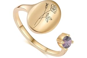 SLOONG Handmade Birth Month Flower Signet Ring 14K Gold Plated Ring Birth Stone Ring Birthday Valentine's Christmas Gift for Mom Daughter Girlfriend Wife