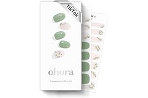 ohora Semi Cured Gel Nail Strips (N Spring Garden) - Green, Patterned, Works with Any UV/LED Lamps, Salon-Quality, Long Lasting, Easy to Apply & Remove - Includes 2 Prep Pads, Nail File & Wooden Stick