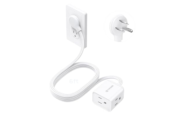 TROND 6ft Flat Extension Cord Indoor, Right Angle Ultra-Thin Plug, 3 Way Multiple Outlets, 13 Amps, 1625W, Small Flexible SPT