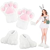 Giegxin 2 Pcs Easter Rabbit Costume Feet Hand Gloves Set White Plush Bunny Paws Shoes Slippers for Women Adult