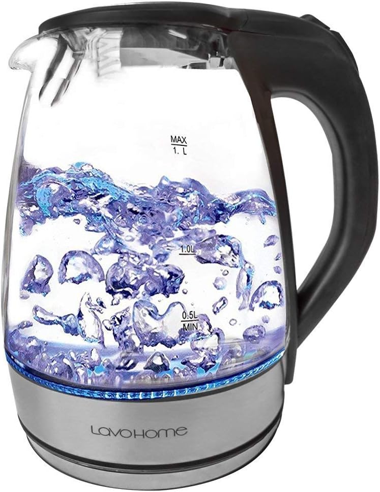 1.7L Cordless Glass and Stainless Steel Electric Hot Water Tea Kettle with Blue LED