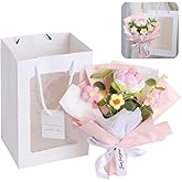 DIMEGON Crochet Flower Bouquet, Knitting Crochet Flower Bouquet, Handmade Crochet Artificial Flowers with One Pink and White Rose and Three Puff Flowers (Pink)