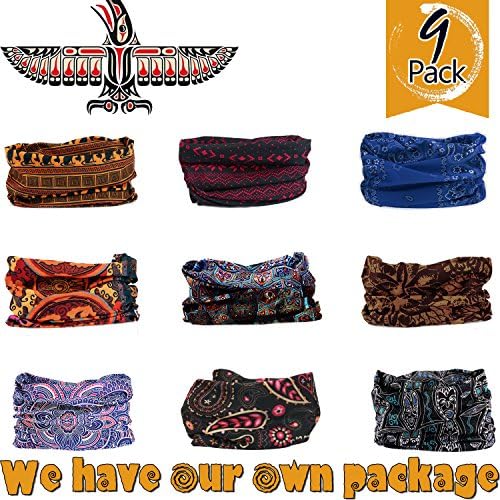 Pack of 9pcs, Outdoor Multifunctional Sports Magic Scarf, Magic Bandanas Tube, Seamless Scarf, Collars Muffler Scarf Face Mask, High Elastic Magic Headband with Uv Resistance, Headscarves(totem)