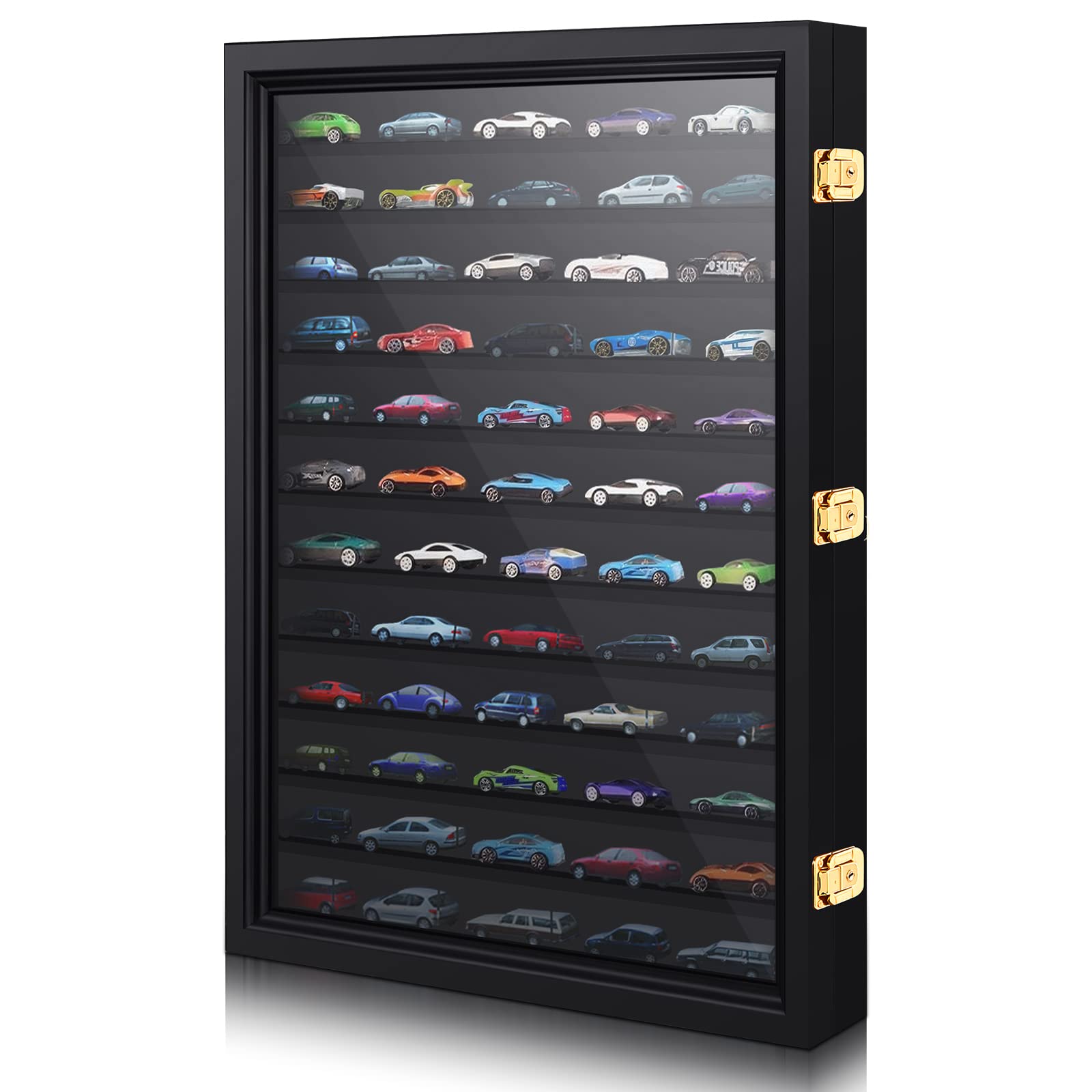 Photo 1 of Tatuo Car Model Display Case 1: 64 Scale Toy Cars Box Acrylic Door Display Case Model Cars Storage Cabinet Rack with Door for Mini Toys and Small Wheels (Black,26.5" x 18.75" x 3.25")