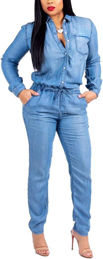 Women's Denim Jumpsuit Drawstring Casual Romper Jeans