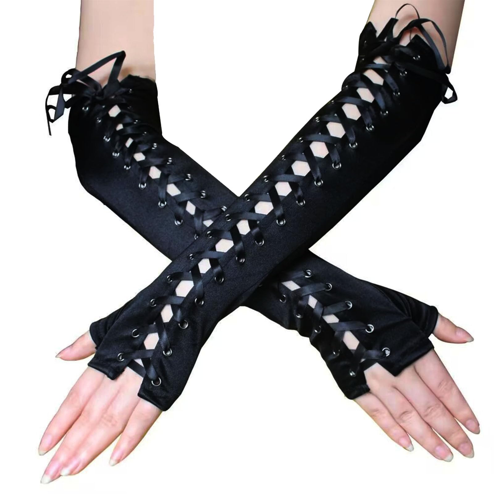 ASFWAGQ Steampunk Fingerless Gloves for Women Adjustable Long Gloves Costume Accessories for Evening Parties, Balls, Cosplay, Carnival, Halloween (Black/Black Lace)