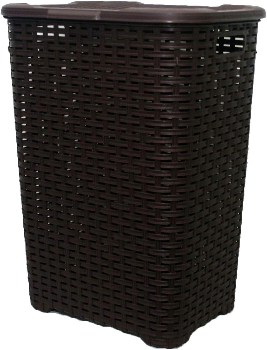 SG Homeware 60L Plastic Laundry Basket Hamper Storage Bin Woven Rattan with Lid & Insert Handles - (Brown)