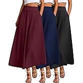 Ficerd 3 Pack Women's Maxi Long Skirts with Pockets, A Line Ankle Length High Waisted Flowy Soft Summer Casual Skirts