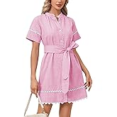 Women's Short Sleeve Summer Shirt Dress Button Down Belted Tunic Mini Dresses RIC Rac Trim Sundress with Pockets
