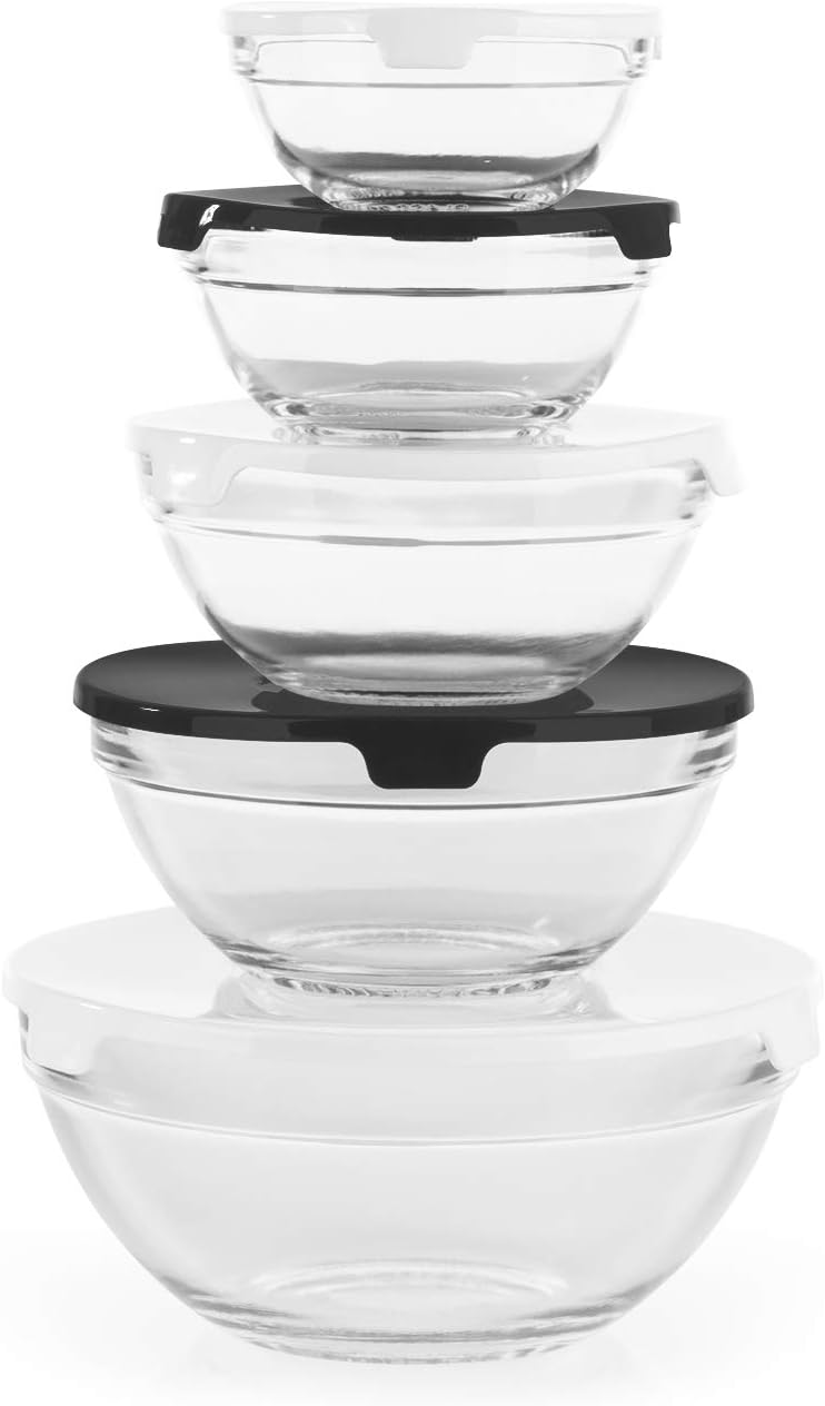 GOURMETmaxx Glasschüssel Set 5 Schüsseln mit Deckeln | Stapelbares Glasschüssel-Set zum Aufbewahren und Servieren |Praktisch ineinander stapelbar