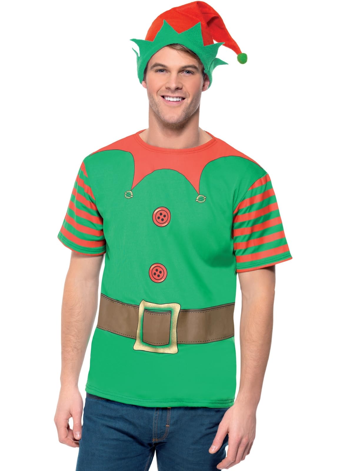 Smiffys Elf Instant Kit, Green – Funny Christmas Fancy Dress Set with Printed T-Shirt & Elf Hat, Easy Festive Costume for Men & Women, Xmas Parties, Work Events & Holiday Celebrations